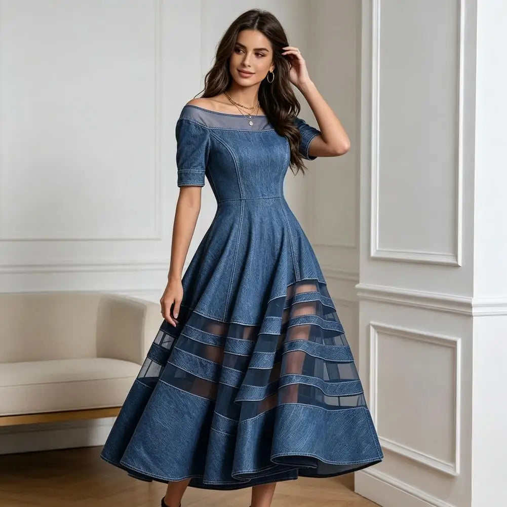Polyester Patchwork Mesh Off Shoulder Dress — Blu | KIMLUD