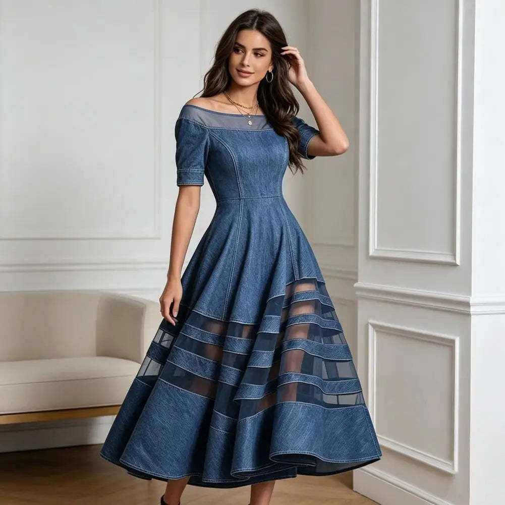Polyester Patchwork Mesh Off Shoulder Dress — Blu | KIMLUD