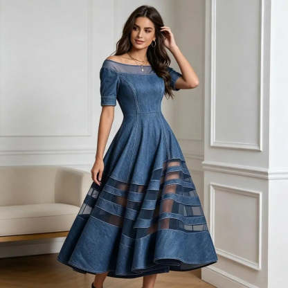 Polyester Patchwork Mesh Off Shoulder Dress — Blu | KIMLUD