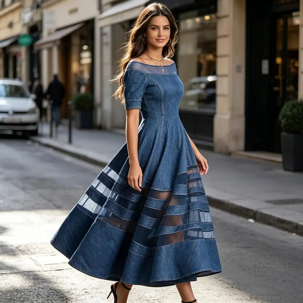 Polyester Patchwork Mesh Off Shoulder Dress — Blu | KIMLUD