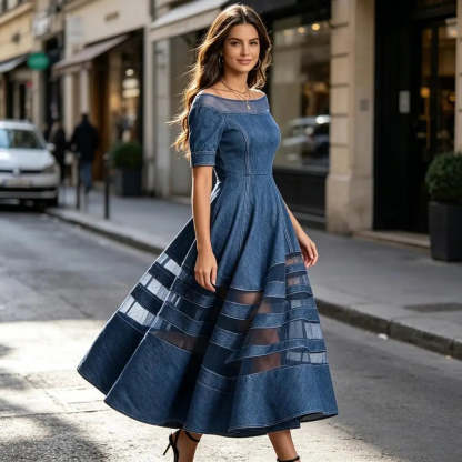 Polyester Patchwork Mesh Off Shoulder Dress — Blu | KIMLUD