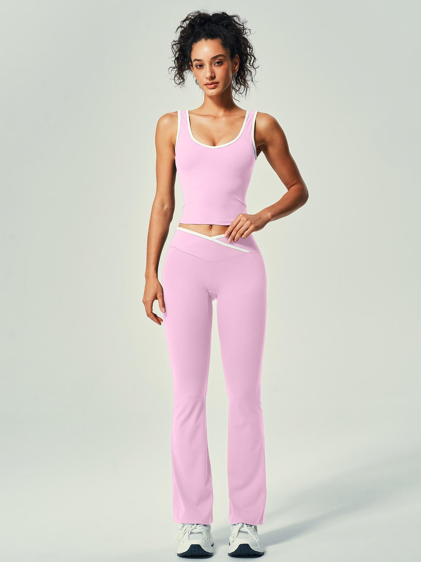 Women's Nude-Feel Crossover High-Waisted Color-Blocked Backless Fitted Yoga Workout Set