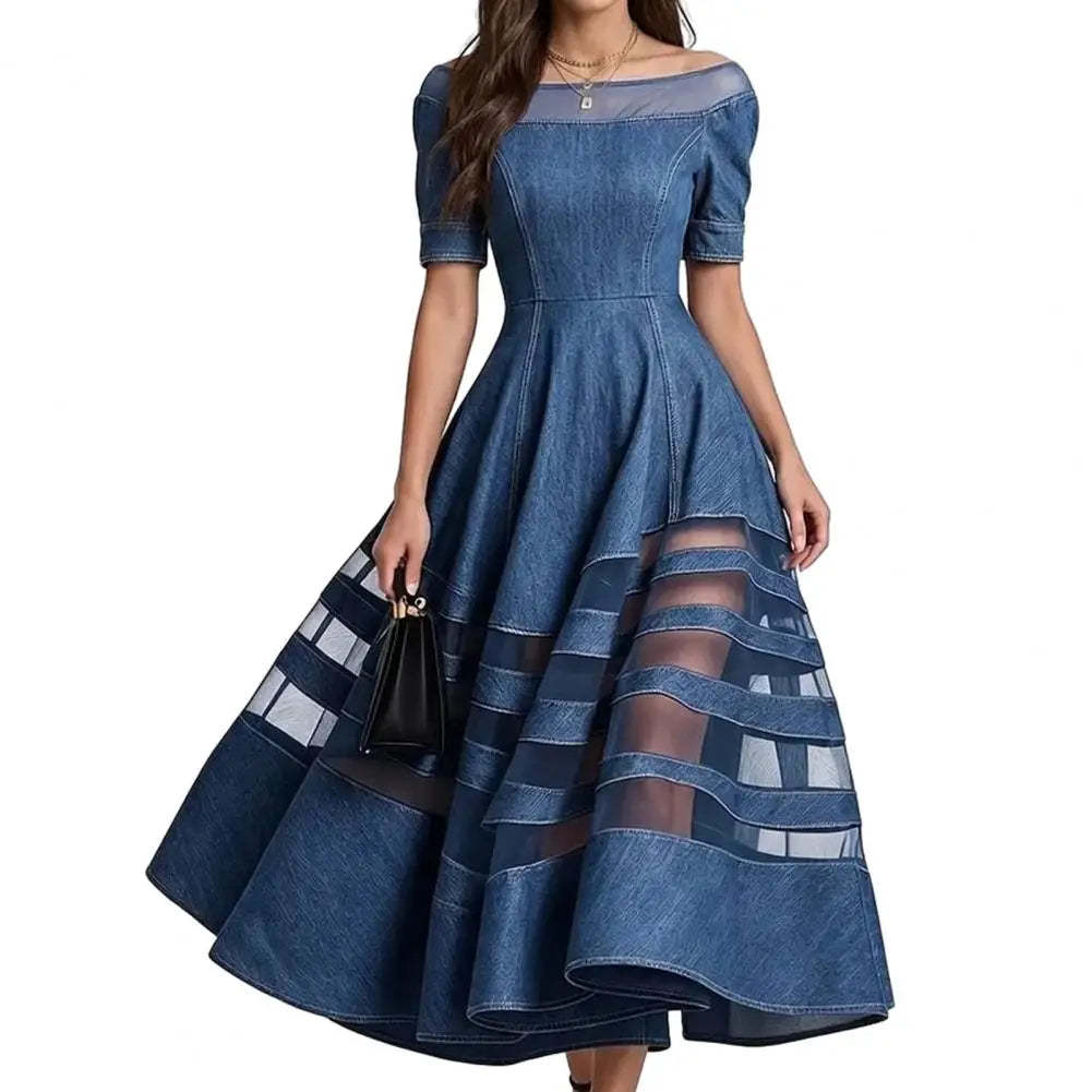 Polyester Patchwork Mesh Off Shoulder Dress — Blu | KIMLUD