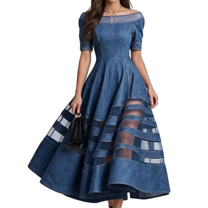 Polyester Patchwork Mesh Off Shoulder Dress — Blu | KIMLUD