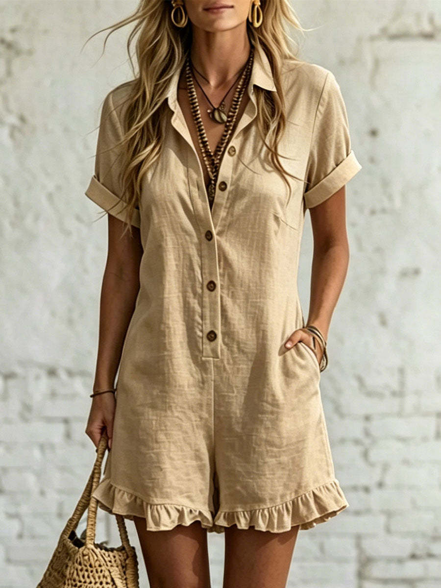 Women's Short-sleeve Shirt Romper Pleated Cotton-linen Jumpsuit