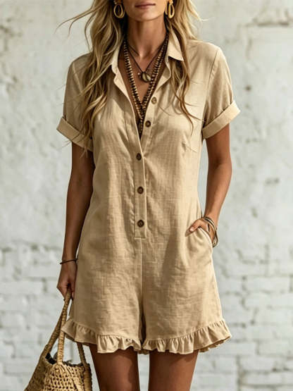 Women's Short-sleeve Shirt Romper --Pleated Cotton-linen Jumpsuit