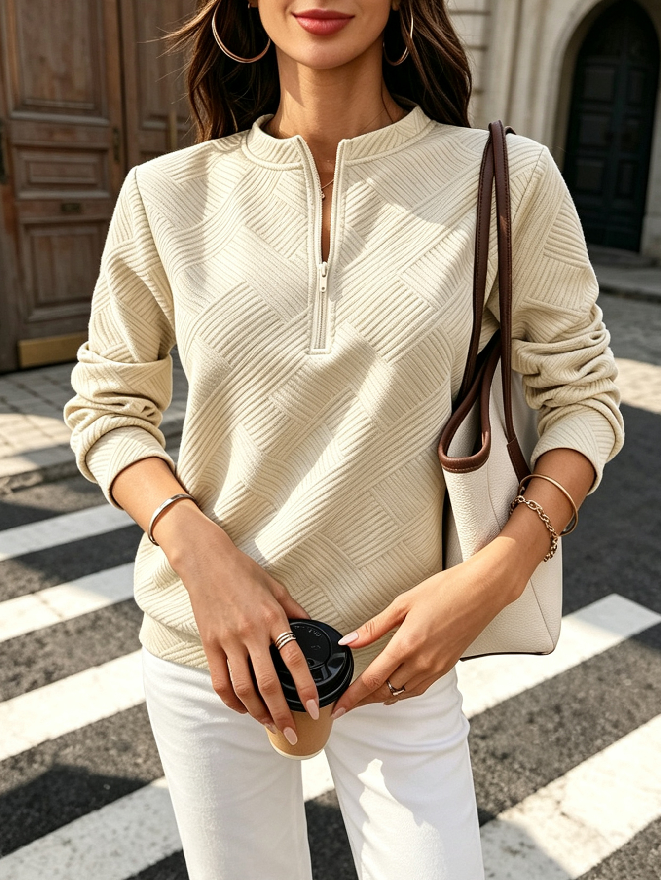 Women's Textured Zip Up Sweatshirts Casual Long Sleeve V Neck Half Zip Regular Tops