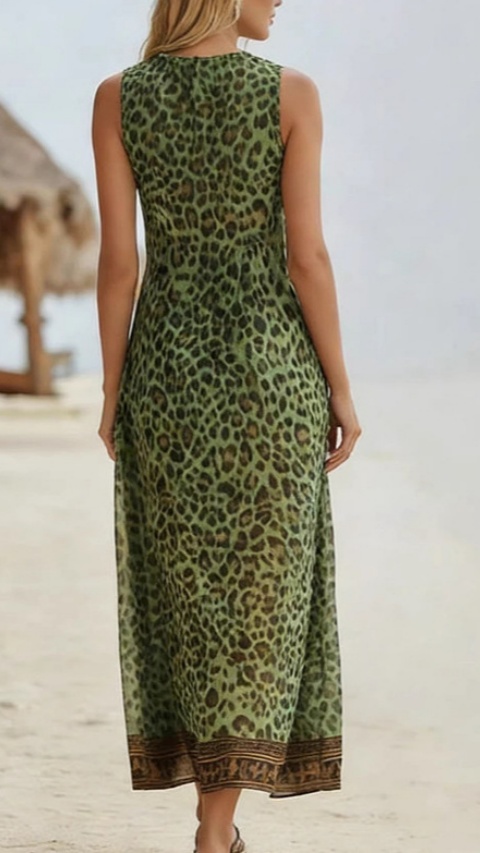 Women's Leopard Print Casual Sleeveless V-Neck Dress