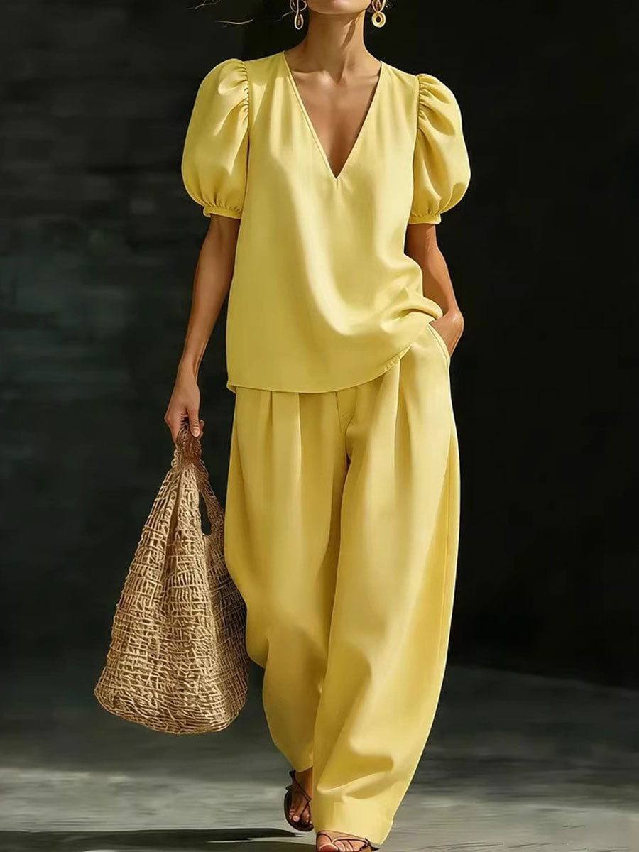 Women's Puff-sleeve V-neck Short-sleeve Casual Set