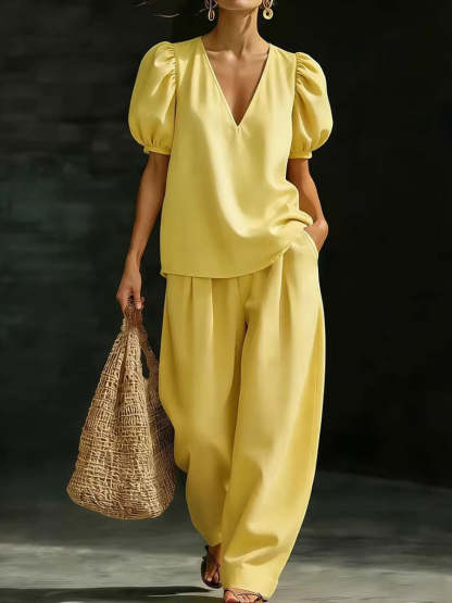 Women's Puff-sleeve V-neck Short-sleeve Casual Set