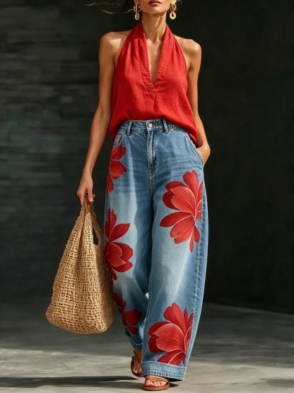 Red Halter Neck Top & Floral Print Wide-Leg Jeans Set – Casual Chic Summer Two-Piece Outfit