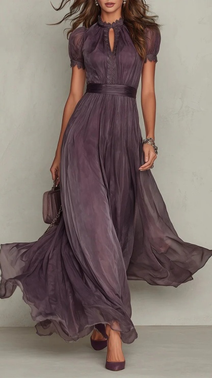 Women's High-Neck, Lace-Paneled, Flowy Chiffon Dress