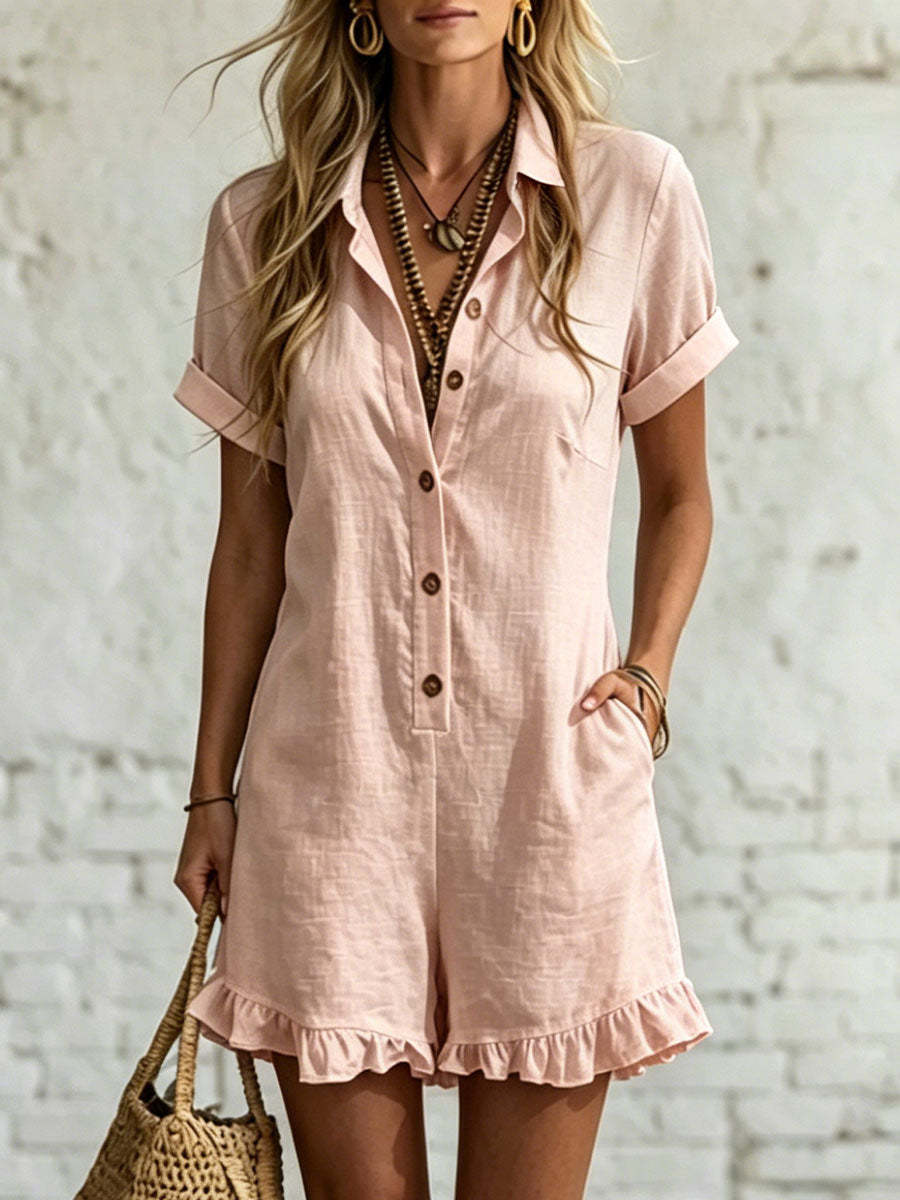 Women's Short-sleeve Shirt Romper --Pleated Cotton-linen Jumpsuit