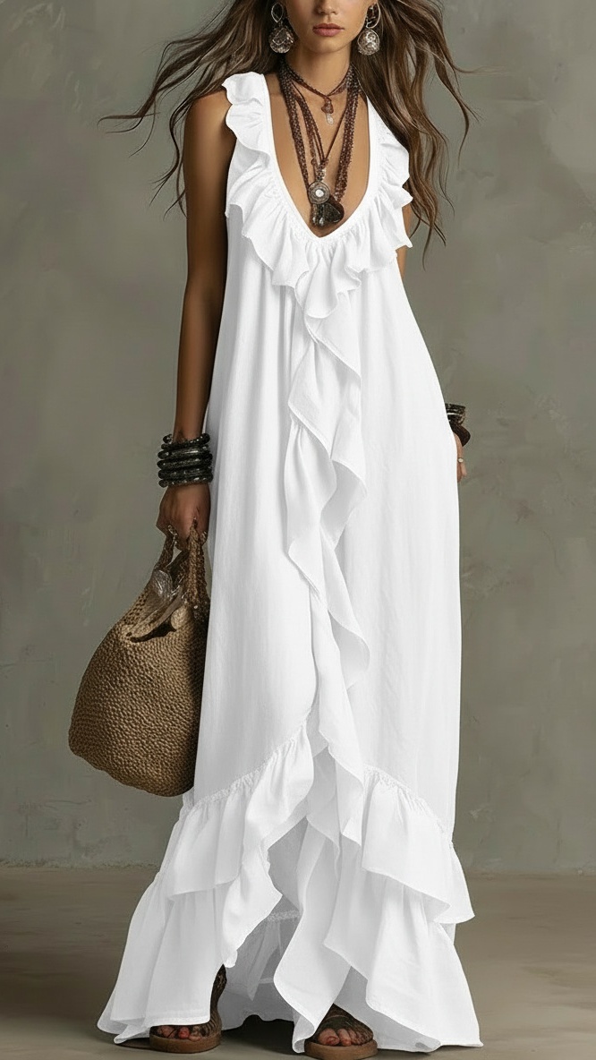 Women's Casual Bohemian V-Neck Short-Sleeve Ruffled Vintage Dress