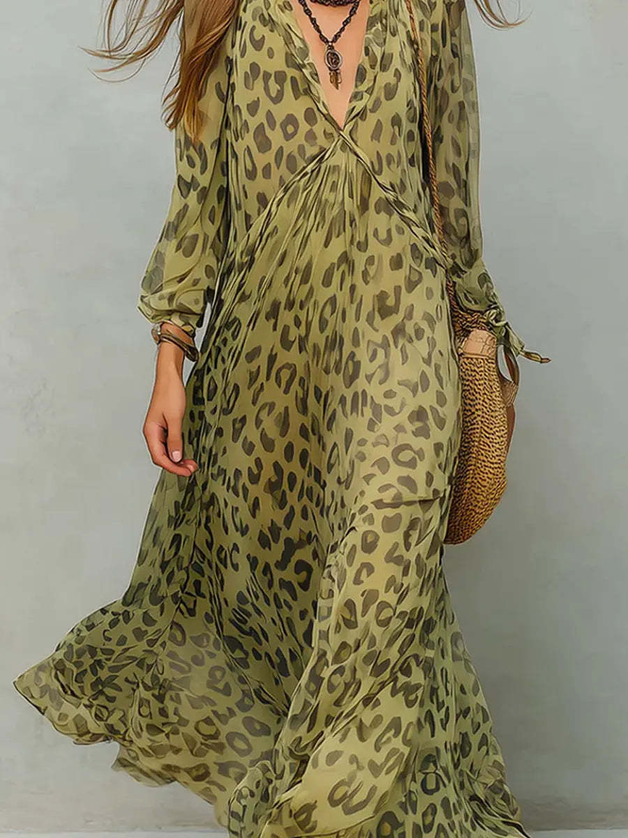 Women's Retro Leopard Pattern Art Print Casual Stylish Maxi Dress