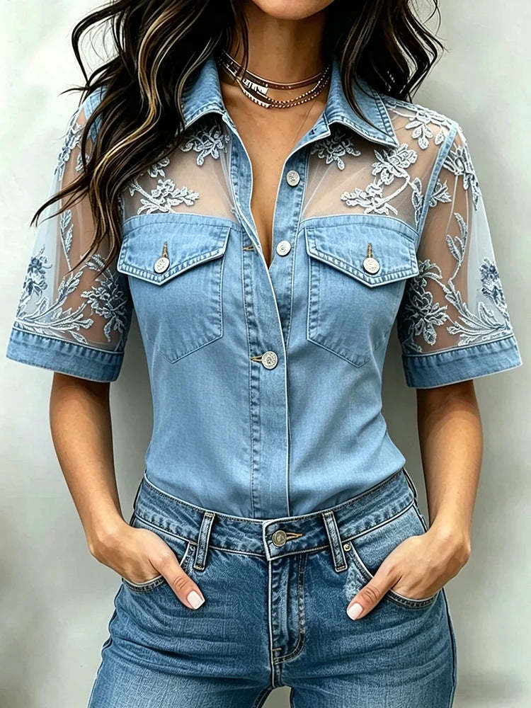 Floral Lace Mesh Denim Shirt