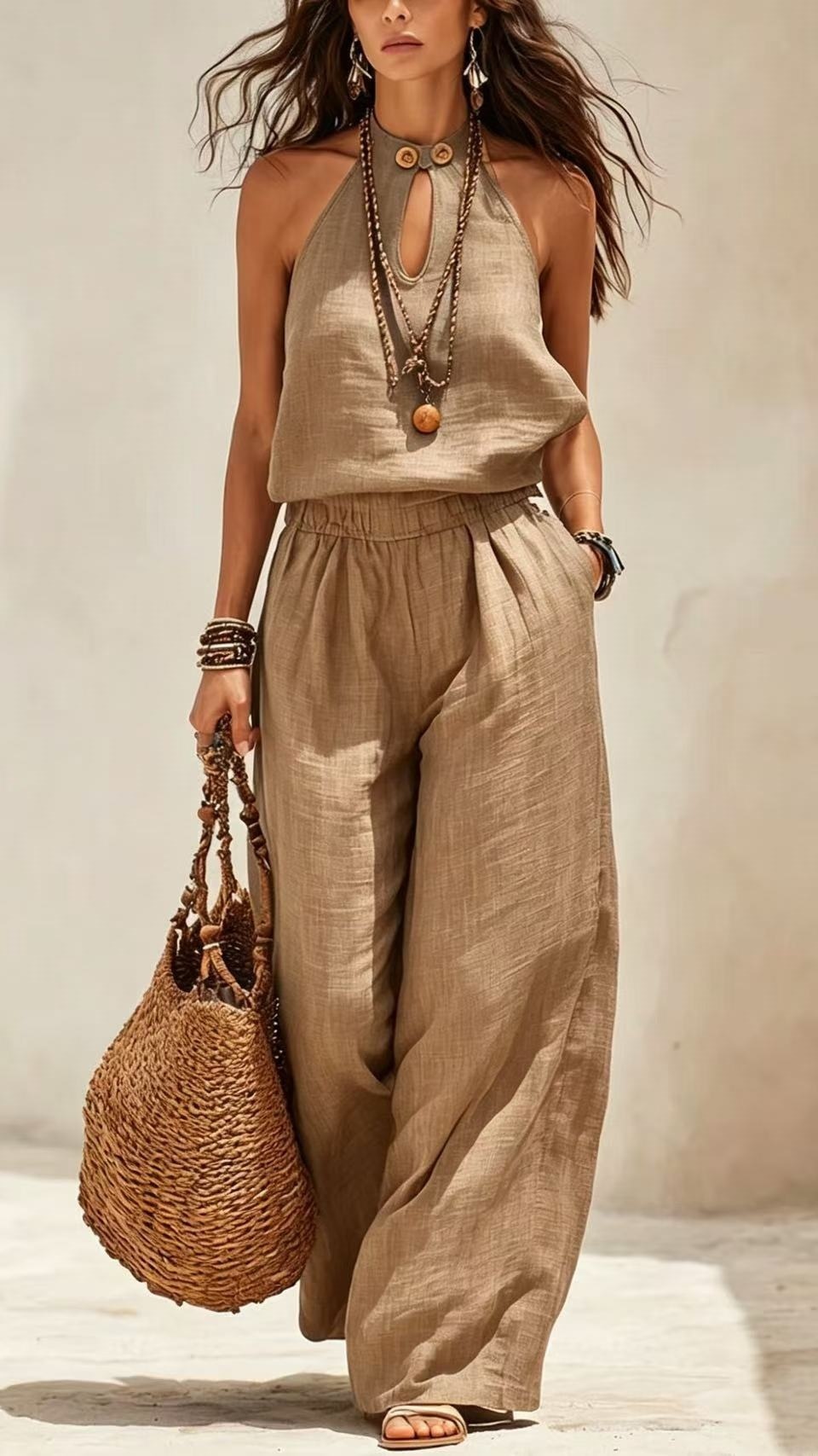 Women's Stylish Cotton-Linen Sleeveless Halter Jumpsuit