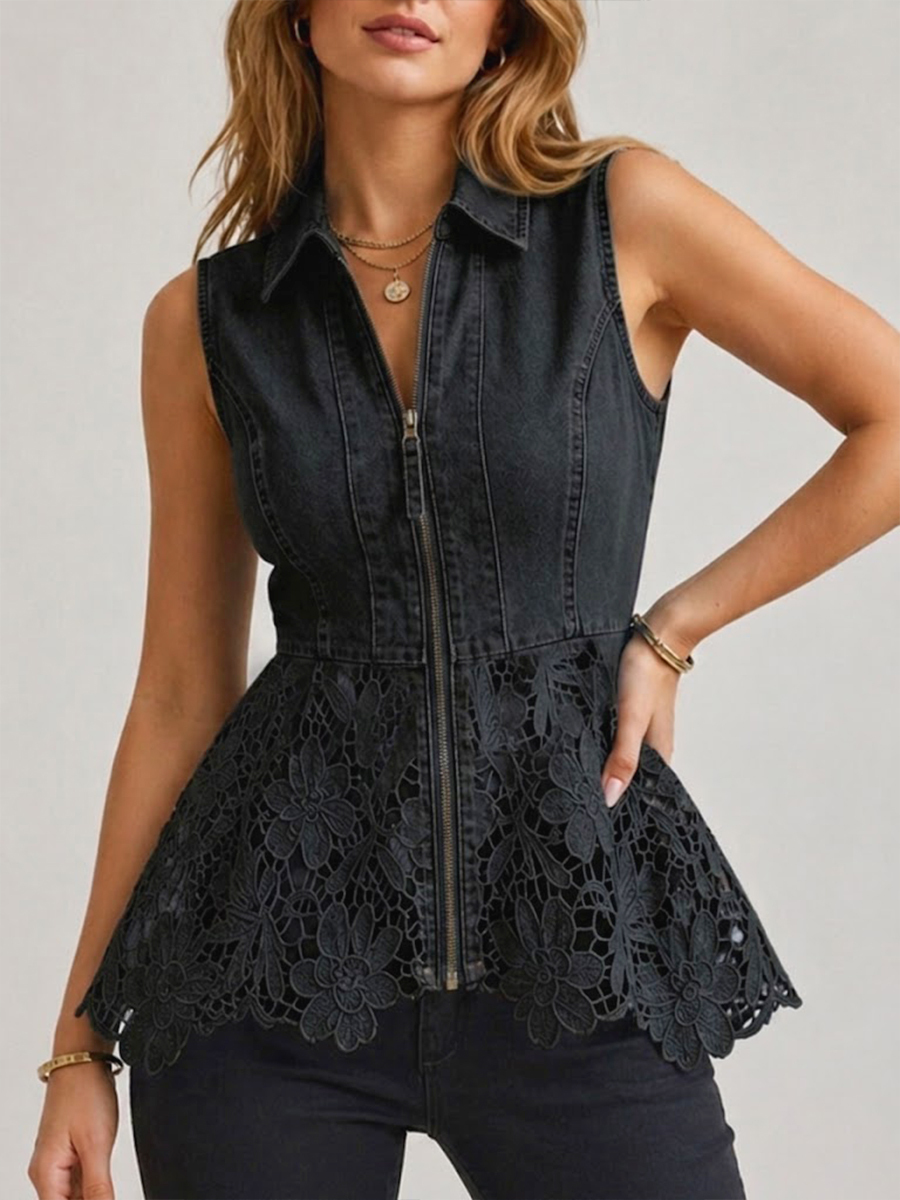 New Arrivals 🔥 Stylish Spliced ​​lace & Zipper Denim Top