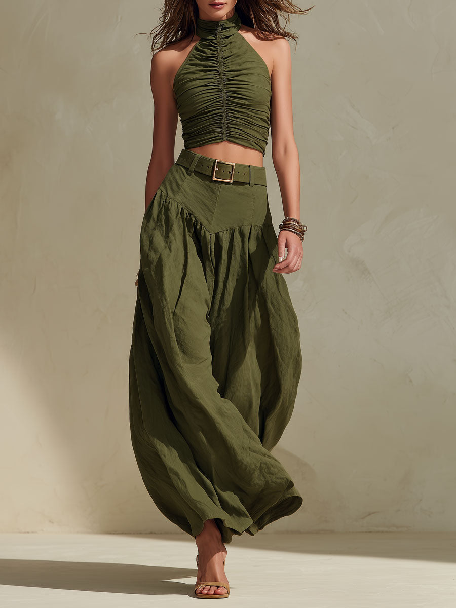 Boho Olive Green Ruched Top & High-Waisted Wide Leg Pants Two-Piece Set  [Belt not included]