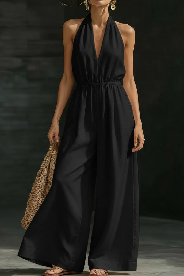 Women Halter V Neck Jumpsuit Elastic Waist Wide Leg Linen Blend Casual Vacation Long Jumpsuits with Pockets