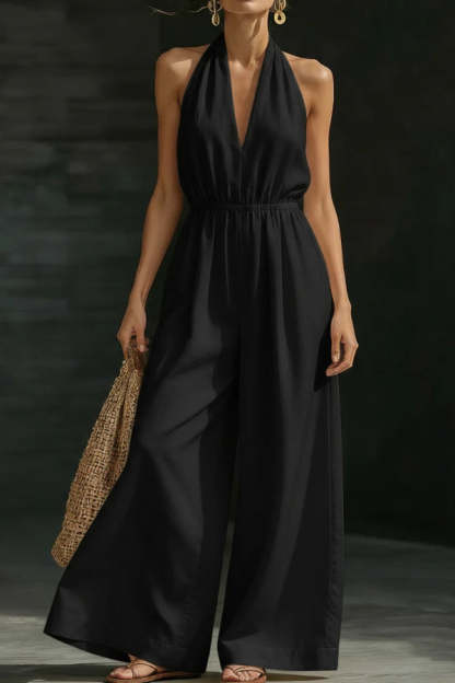 Women Halter V Neck Jumpsuit Elastic Waist Wide Leg Linen Blend Casual Vacation Long Jumpsuits with Pockets