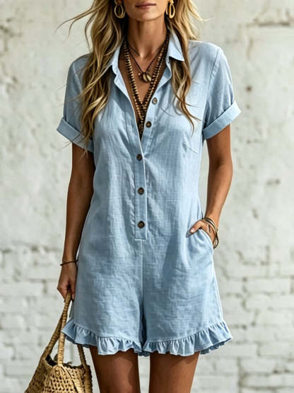 Women's Short-sleeve Shirt Romper --Pleated Cotton-linen Jumpsuit