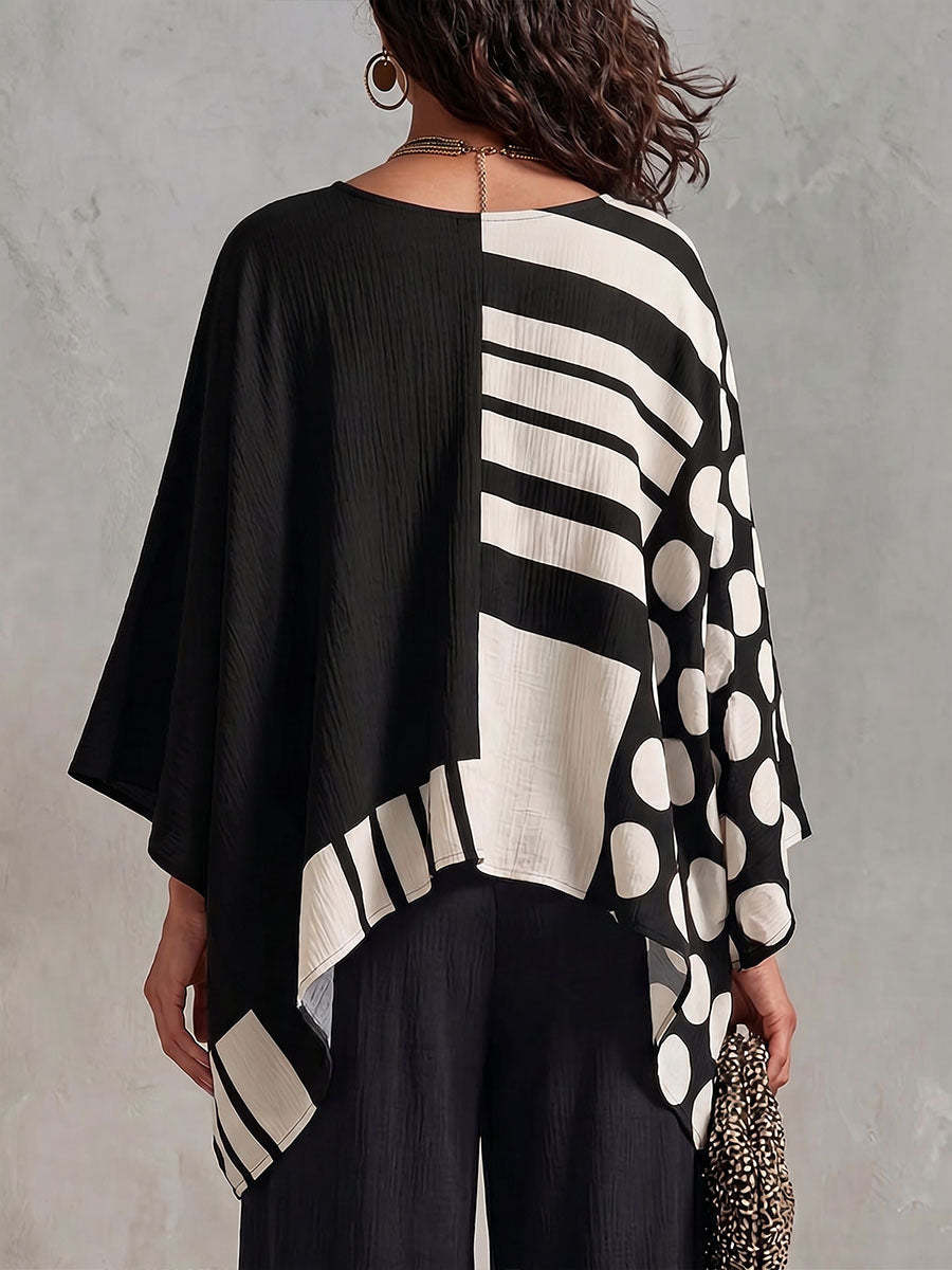 Women's Polka Dot & Geometric Print V-neck 3/4-sleeve Casual Loose Cotton-linen Top