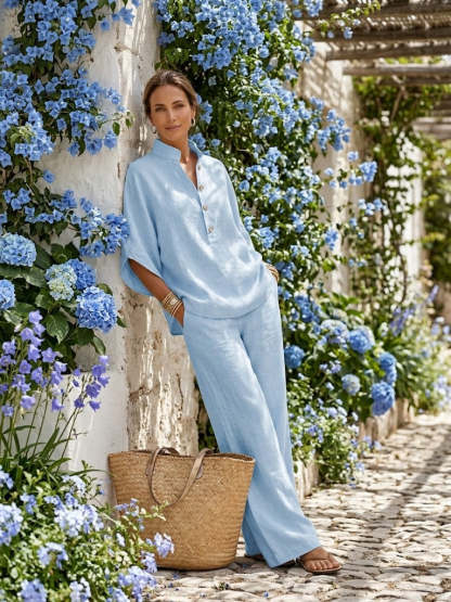Casual Batwing Sleeve Linen And Cotton Shirt And Trousers Two-piece Set