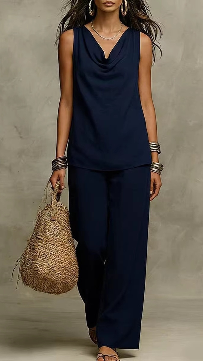 Women's Solid-Color Casual V-Neck Two-Piece Set