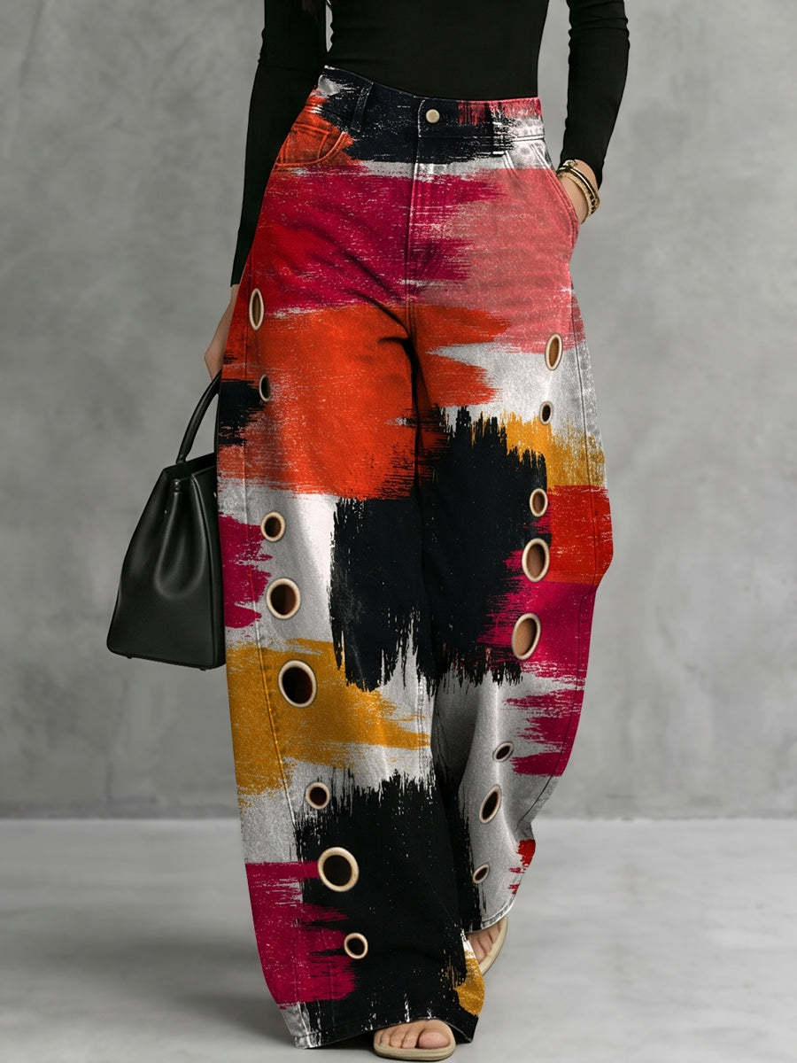 Loose Wide Leg Buttoned Contrast Color Hollow Printed Pants Trousers