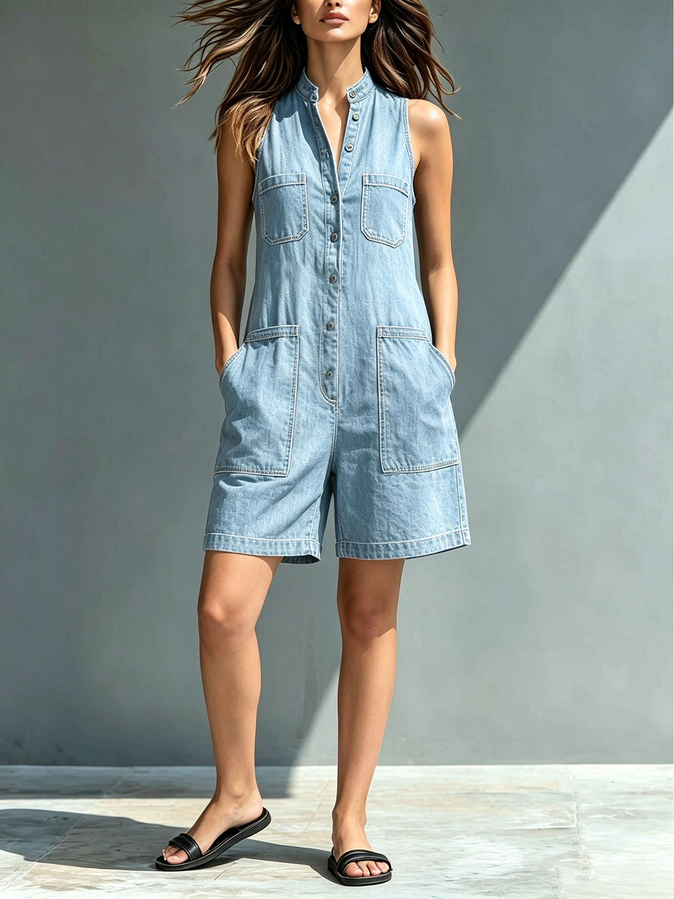 Women's Sleeveless Stand Collar Denim Romper – Button Front Utility Pocket Short Jumpsuit