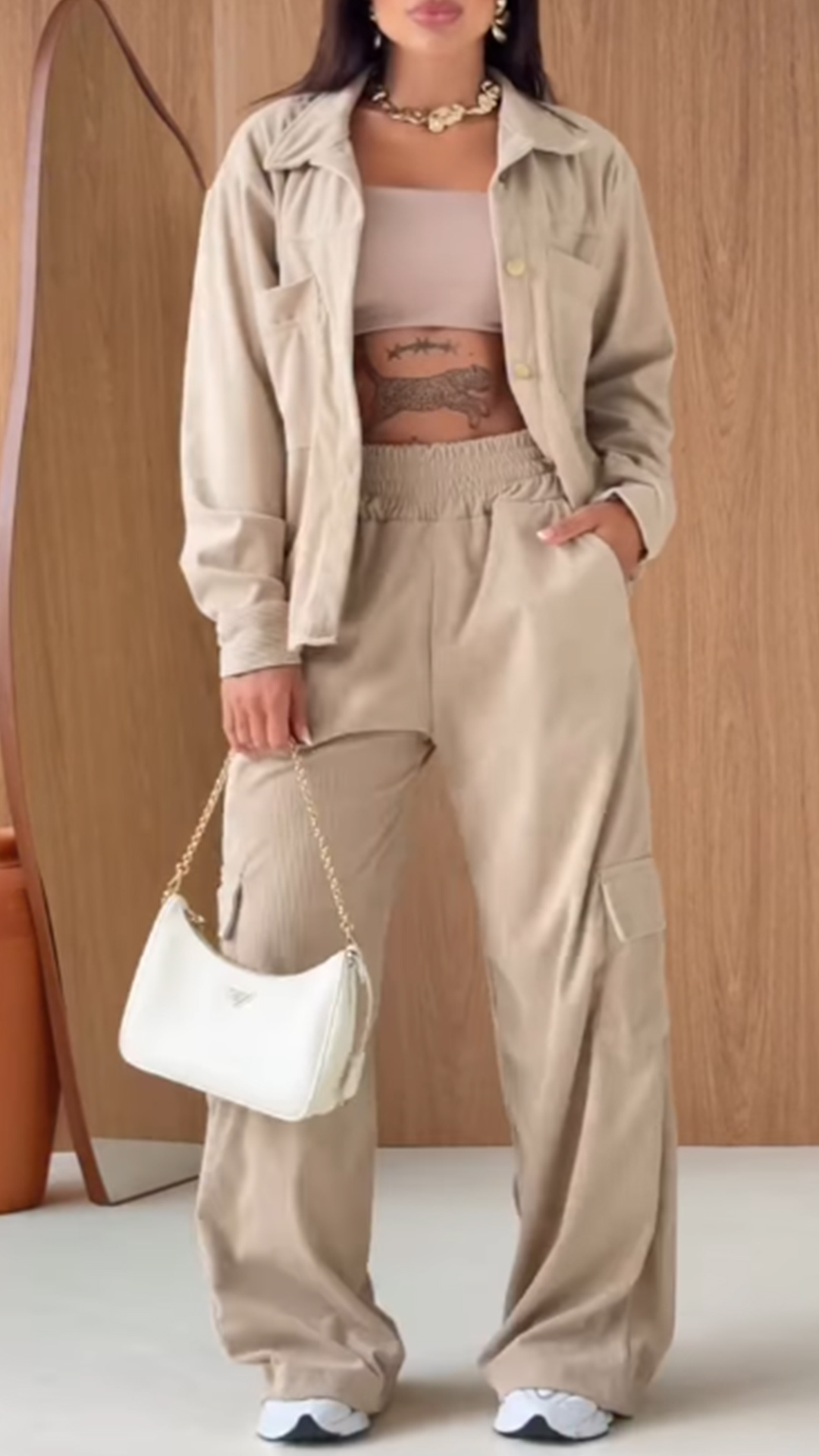 Minimalist Solid Utility Jacket & High Waist Cargo Pants Set