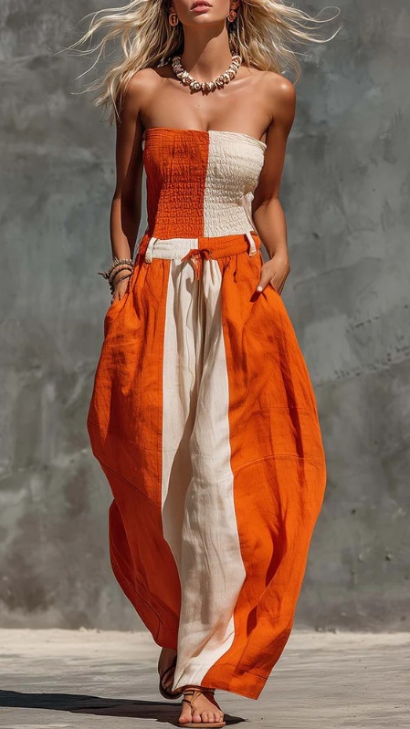 Women's strapless orange and off-white contrasting cotton-linen jumpsuit