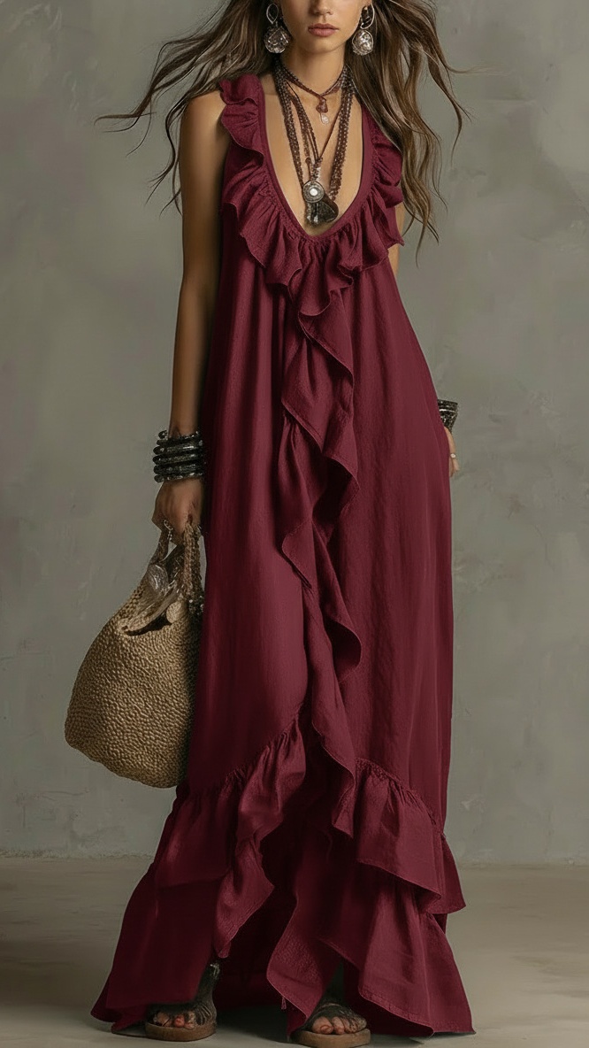 Women's Casual Bohemian V-Neck Short-Sleeve Ruffled Vintage Dress