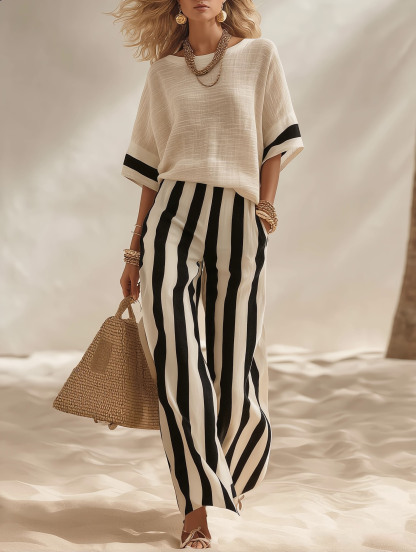 Beige Textured Cotton-linen Color-block Top & Blue-white Striped Elastic Waist Wide-leg Pants Set