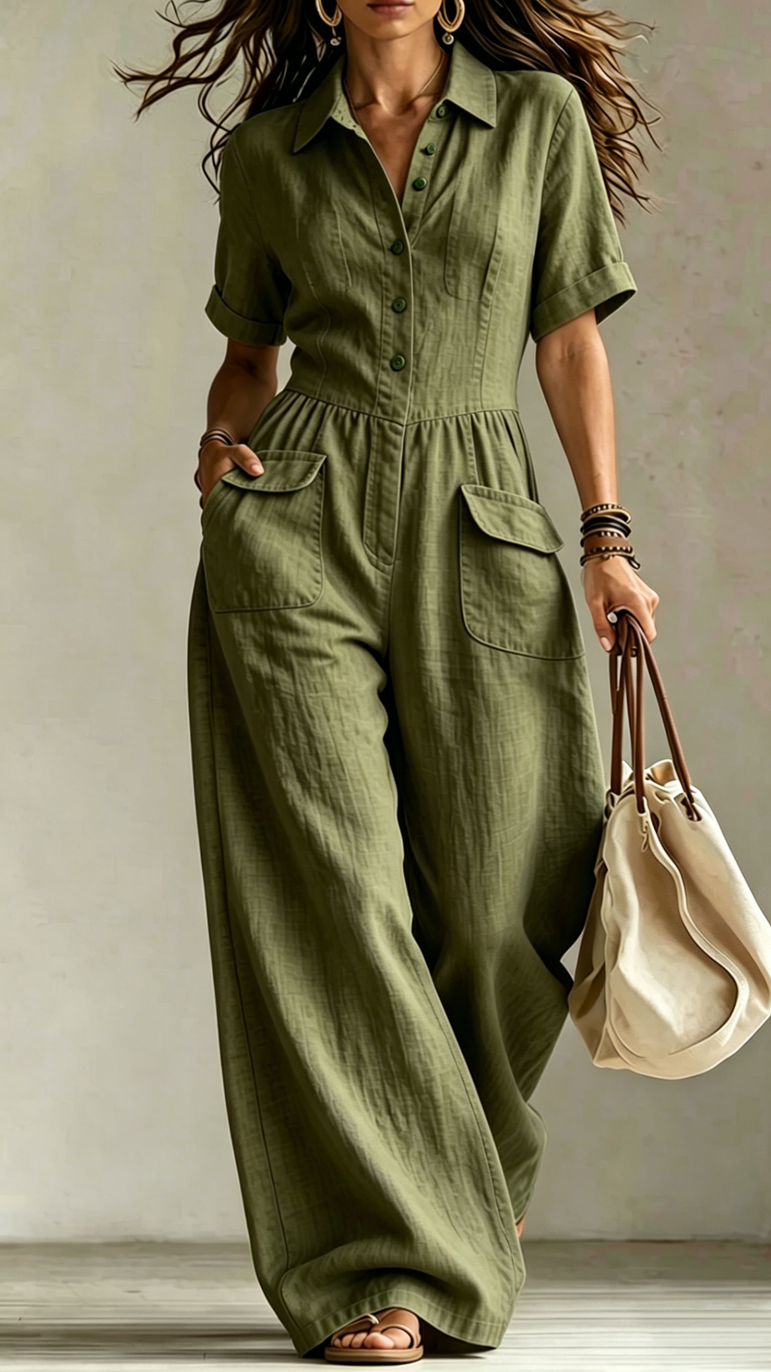 Women's cotton and linen loose short-sleeved button jumpsuit