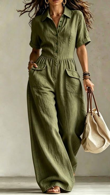 Women's cotton and linen loose short-sleeved button jumpsuit