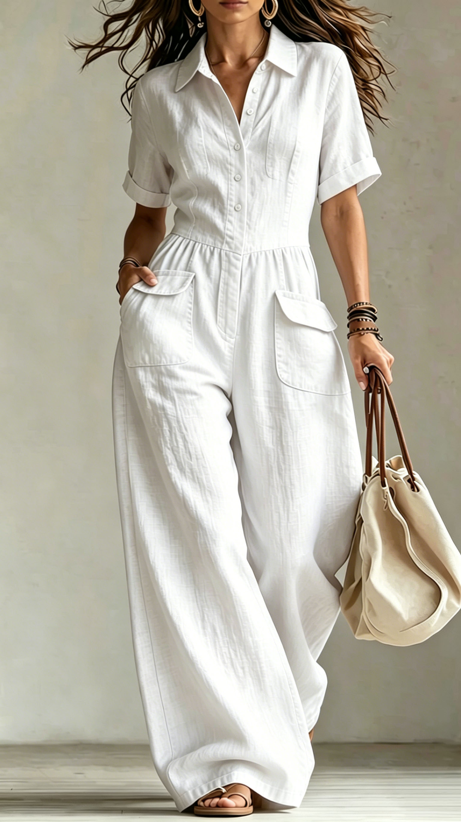 Women's cotton and linen loose short-sleeved button jumpsuit