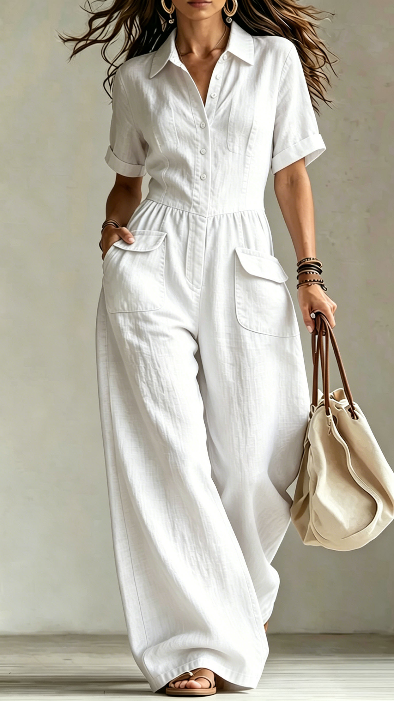 Women's cotton and linen loose short-sleeved button jumpsuit