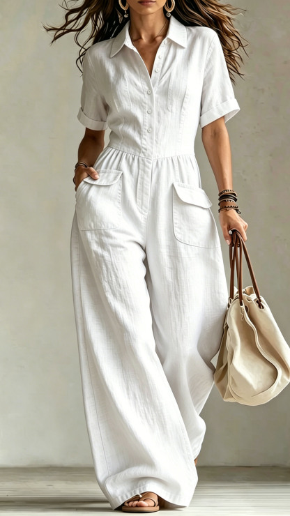 Women's cotton and linen loose short-sleeved button jumpsuit