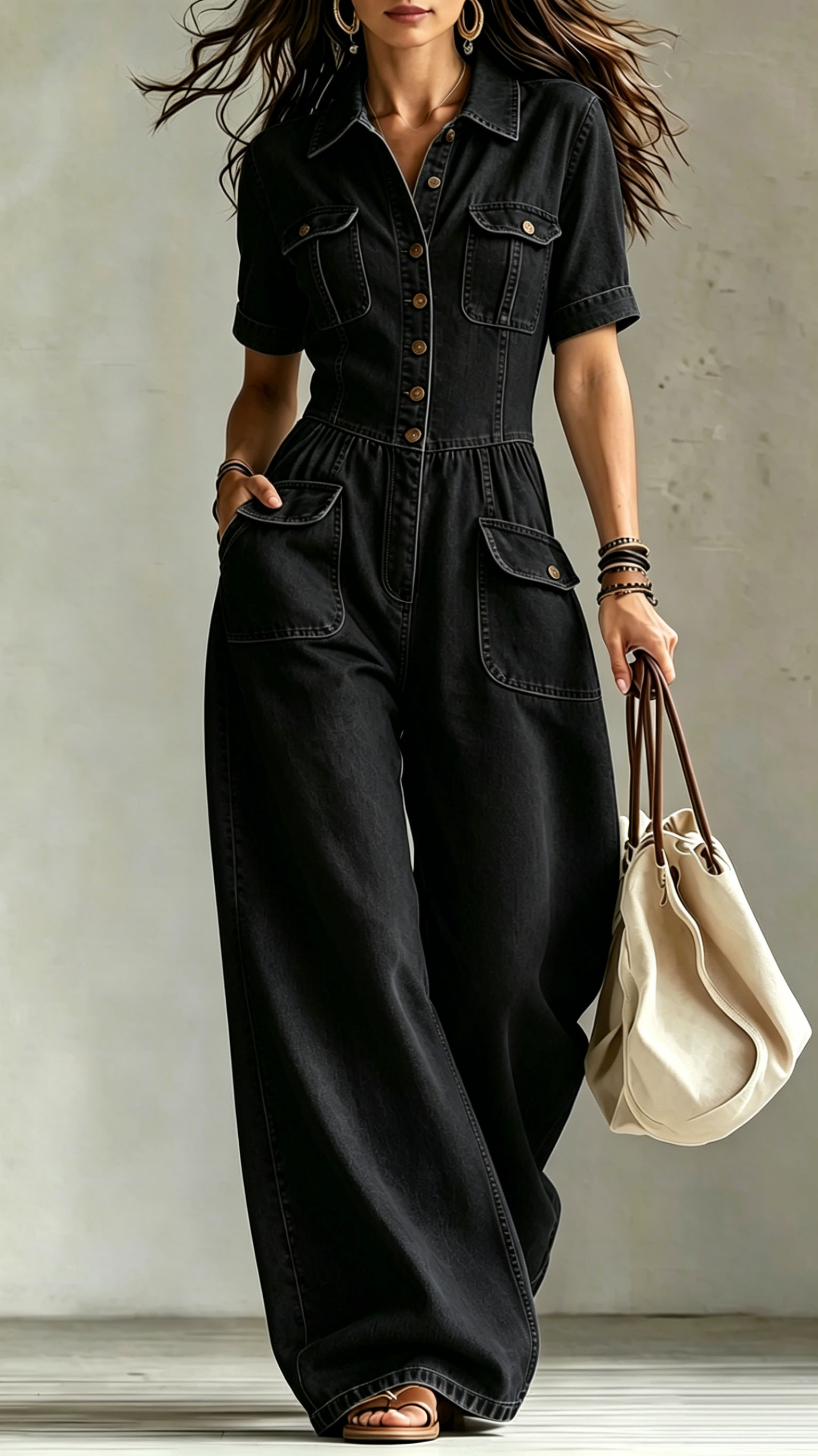 Women's Washed Denim Loose Short-Sleeve Jumpsuit