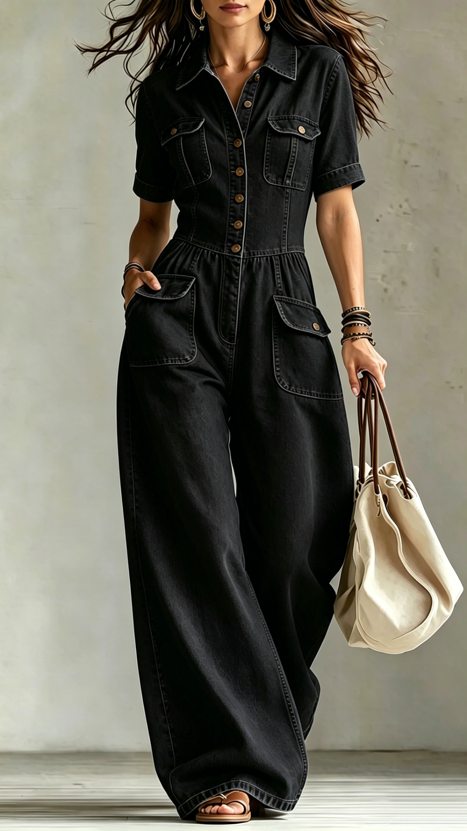Women's Washed Denim Loose Short-Sleeve Jumpsuit