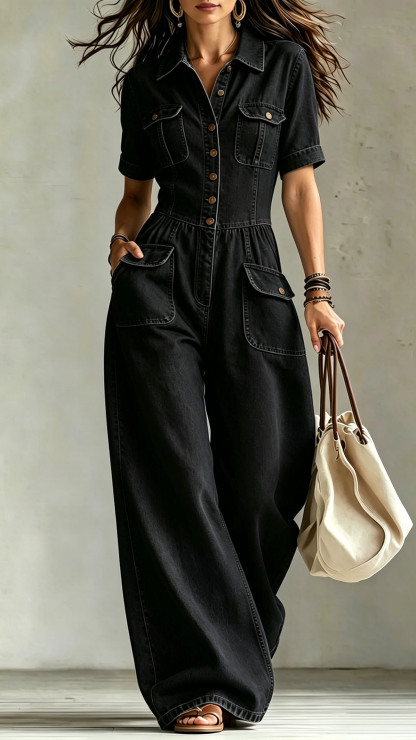 Women's Washed Denim Loose Short-Sleeve Jumpsuit