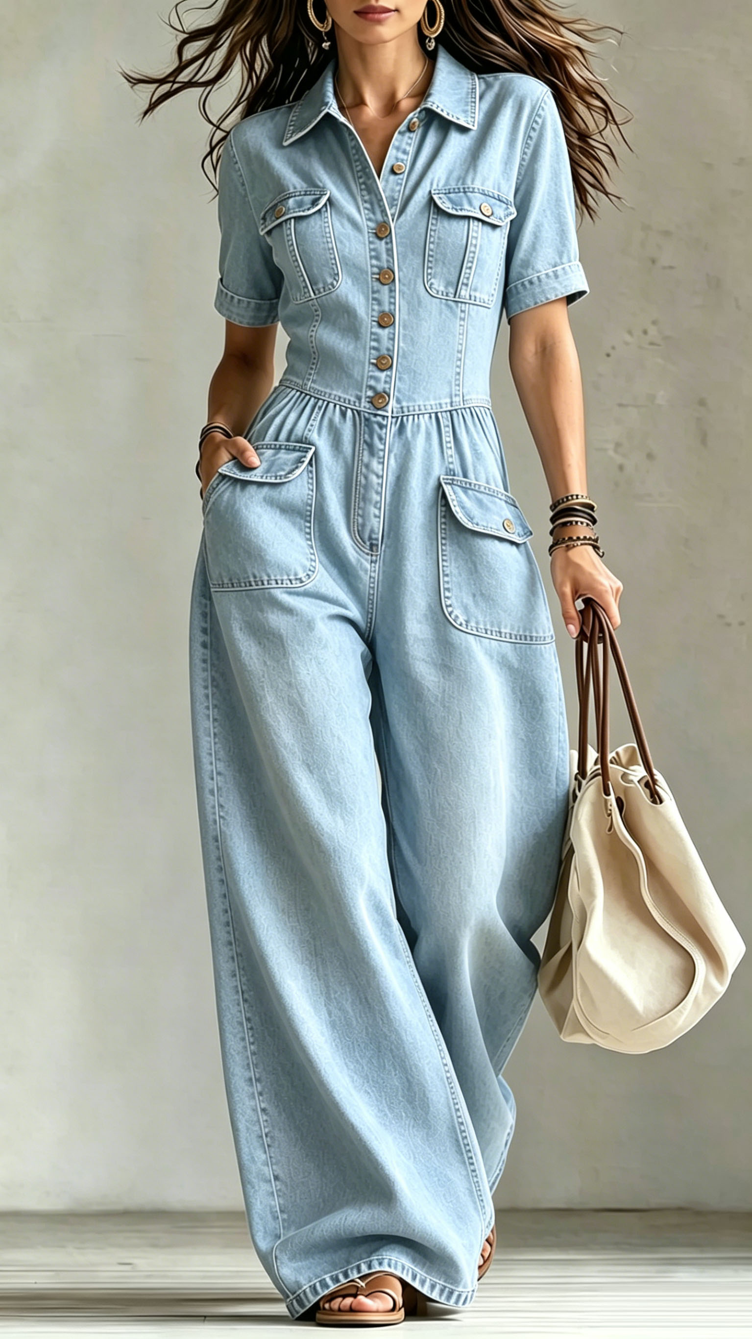 Women's Washed Denim Loose Short-Sleeve Jumpsuit