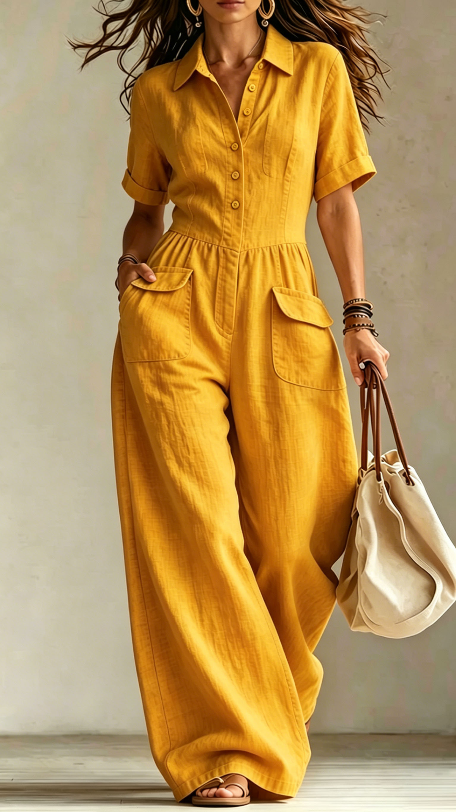 Women's cotton and linen loose short-sleeved button jumpsuit