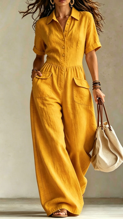 Women's cotton and linen loose short-sleeved button jumpsuit