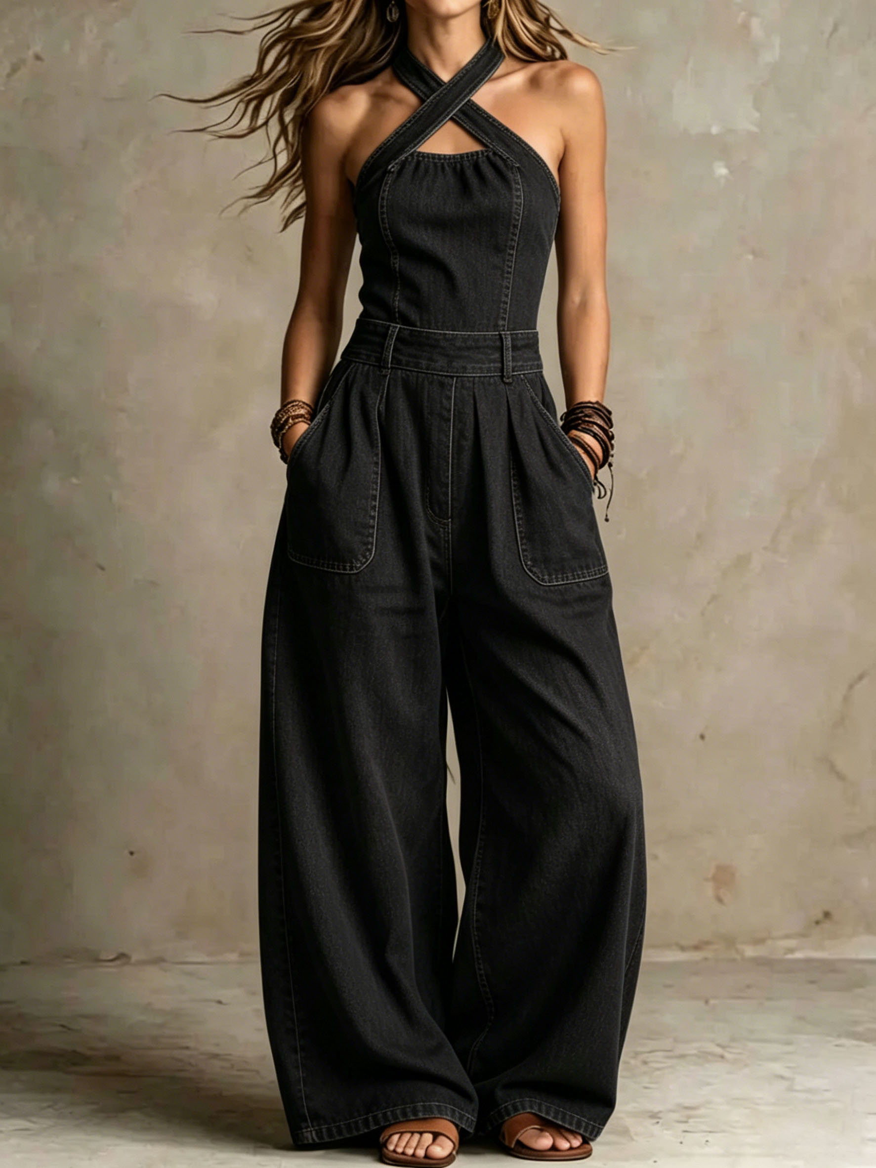 Women's Cross-Neck Backless Washed Denim Jumpsuit