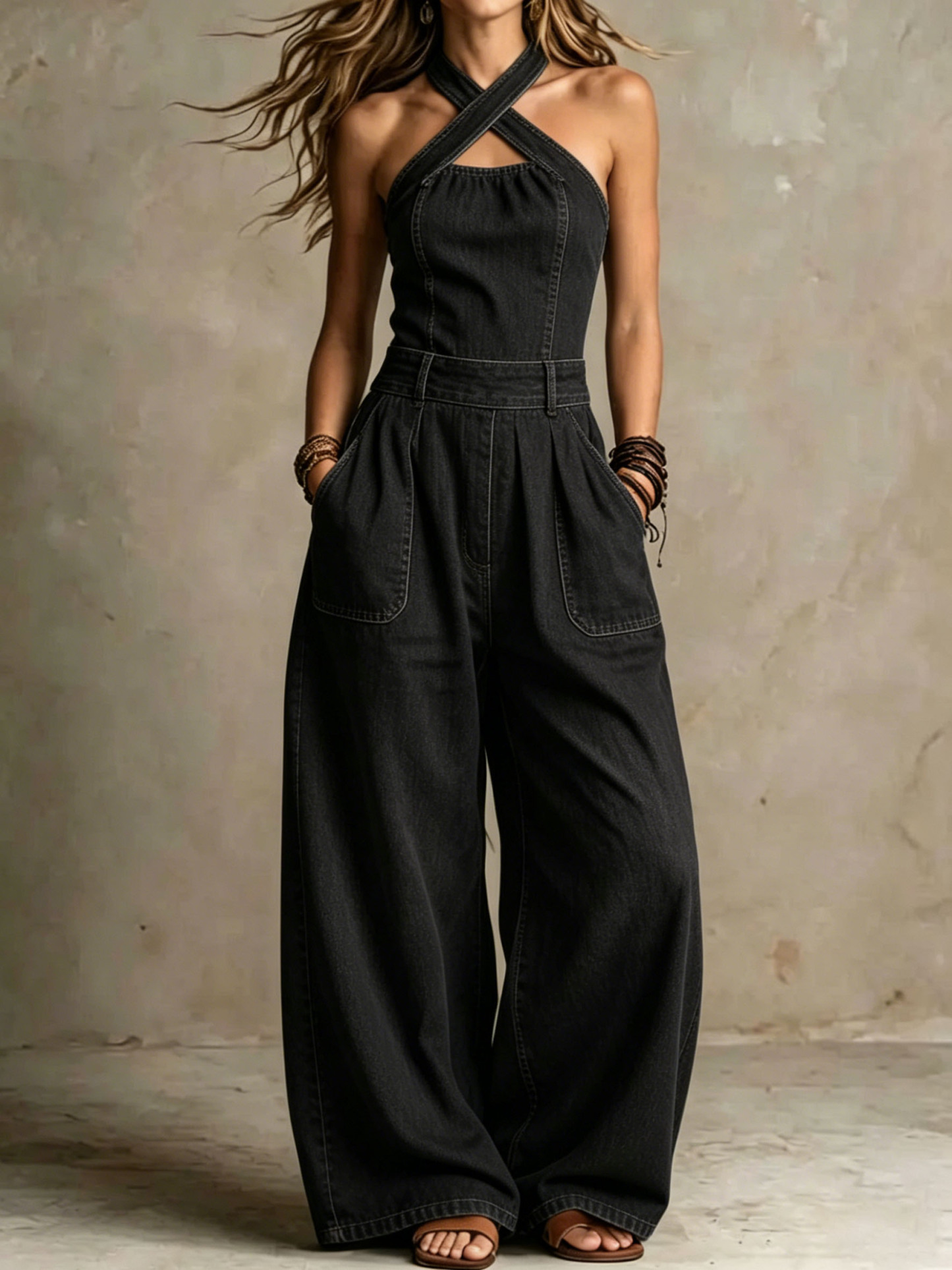 Women's Cross-Neck Backless Washed Denim Jumpsuit