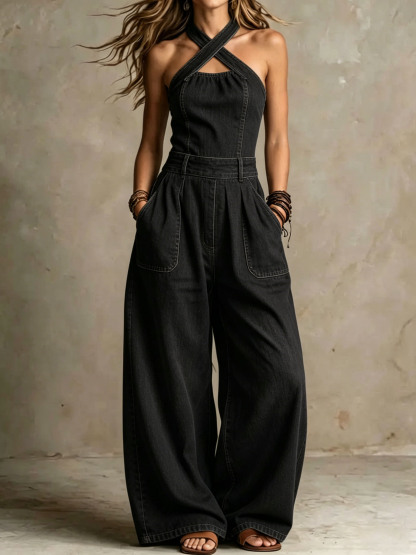 Women's Cross-Neck Backless Washed Denim Jumpsuit