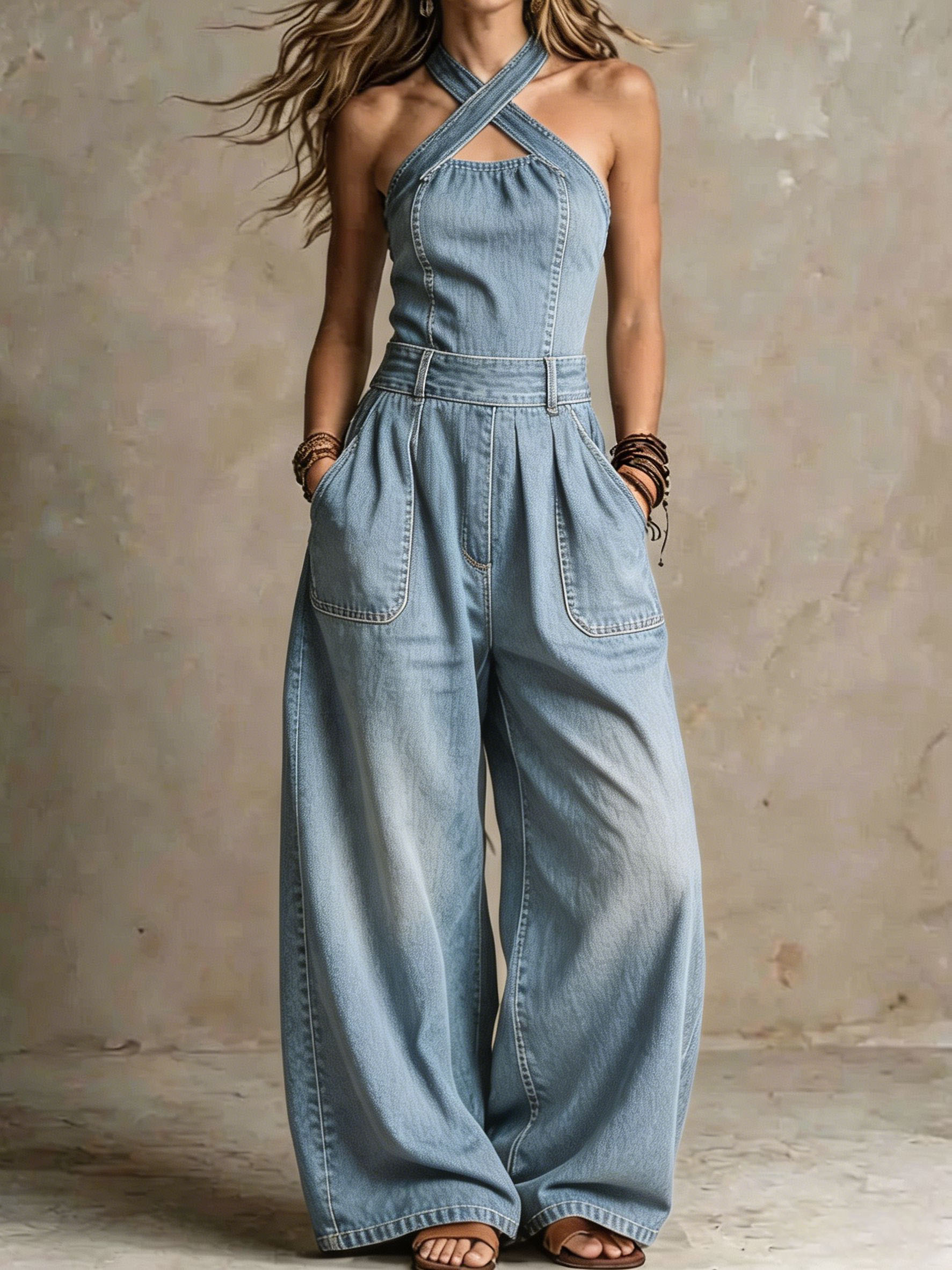 Women's Cross-Neck Backless Washed Denim Jumpsuit
